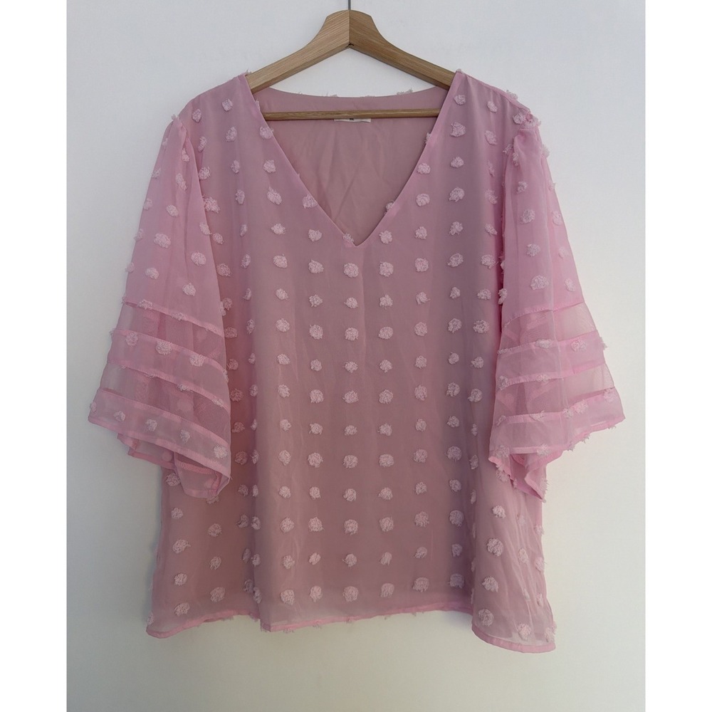 Blooming Jelly Women's Pink Chiffon Blouse Size XXL Pom Pom V-Neck Lined Flowy